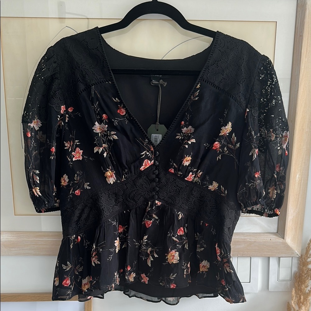 All Saints Black Peplum Blouse with Puff Sleeves
